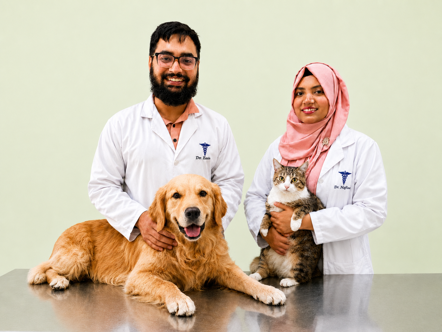 Veterinary team with pets